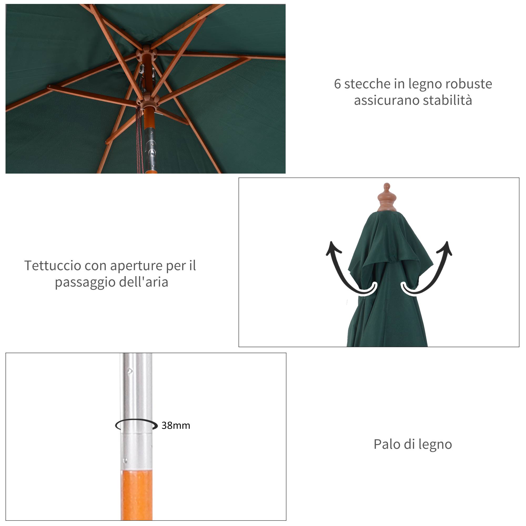 Parasol de jardin inclinable 2 x 1,5 m, 6 baleines, mât en bois et ouverture par corde, vert - Image 9