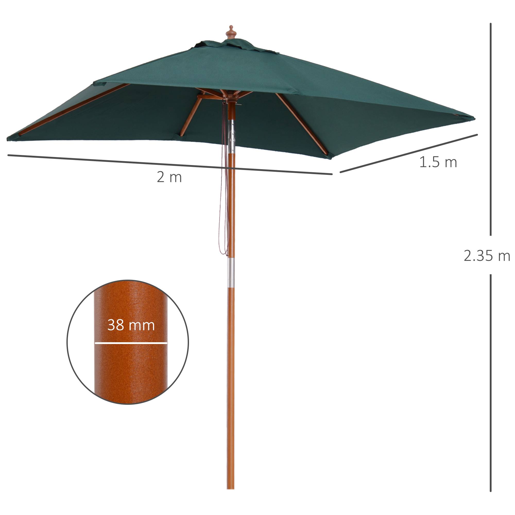 Parasol de jardin inclinable 2 x 1,5 m, 6 baleines, mât en bois et ouverture par corde, vert - Image 5
