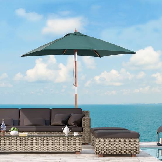 Parasol de jardin inclinable 2 x 1,5 m, 6 baleines, mât en bois et ouverture par corde, vert - Image 3