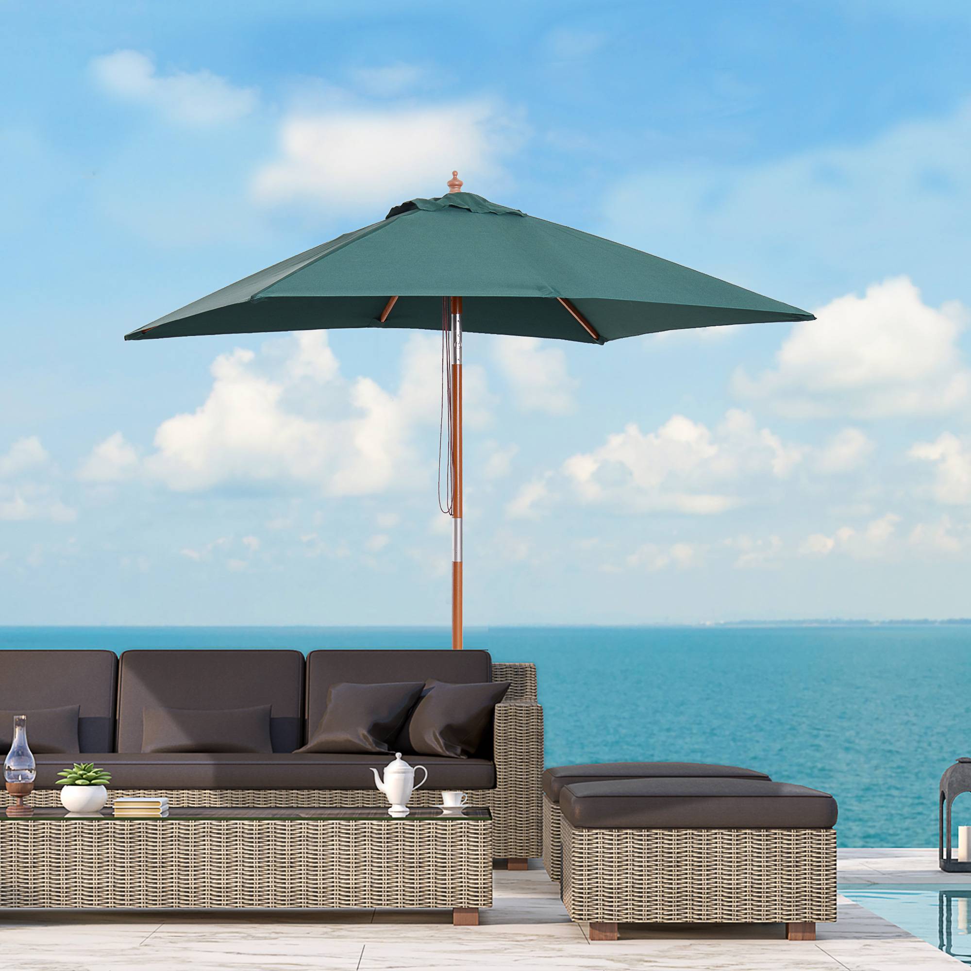 Parasol de jardin inclinable 2 x 1,5 m, 6 baleines, mât en bois et ouverture par corde, vert - Image 3