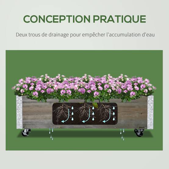 Jardinière sur roulettes - jardinière rectangulaire - Inserts d'irrigation, Feutre de Drainage Inclus - métal Bois massif, gris - Image 6