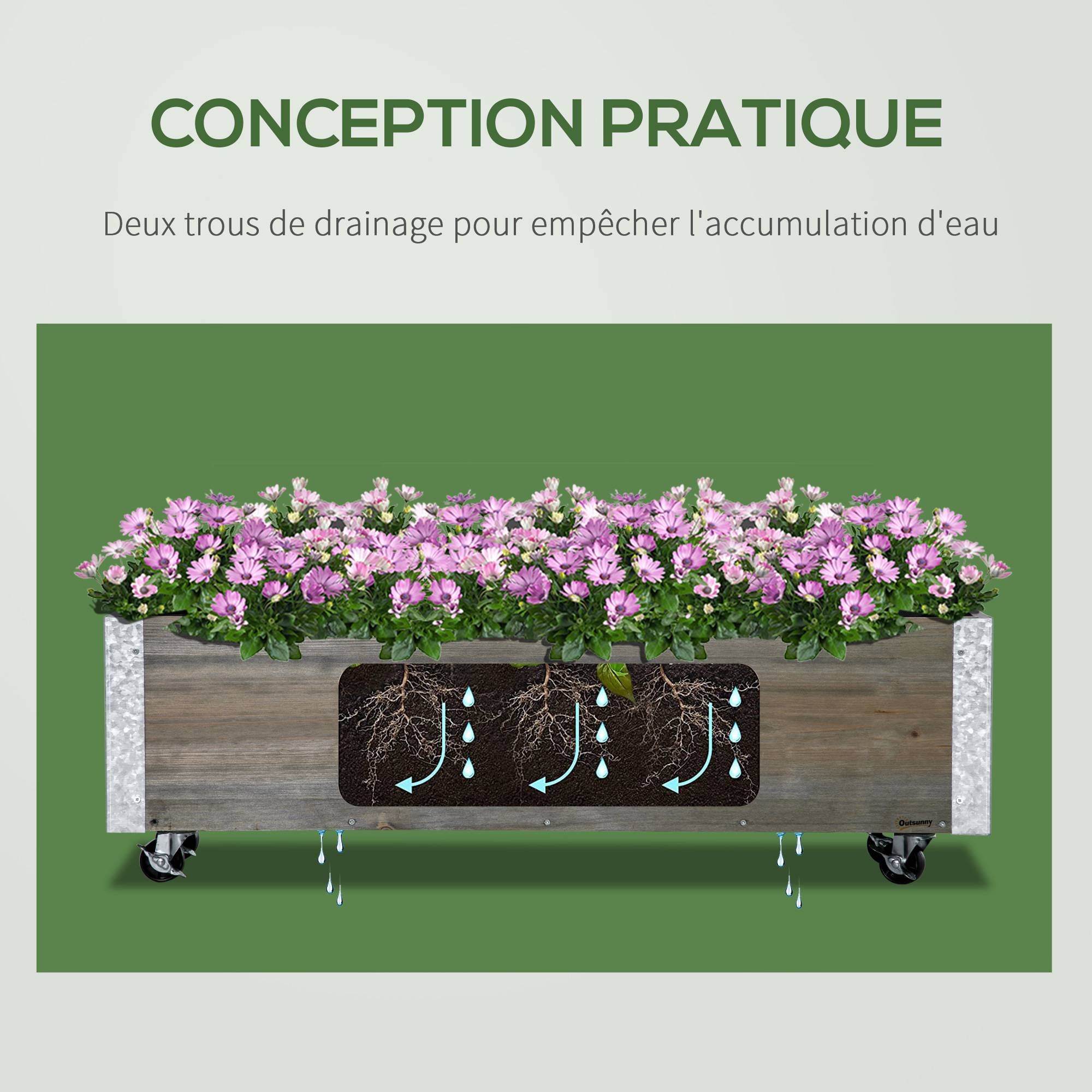 Jardinière sur roulettes - jardinière rectangulaire - Inserts d'irrigation, Feutre de Drainage Inclus - métal Bois massif, gris - Image 6