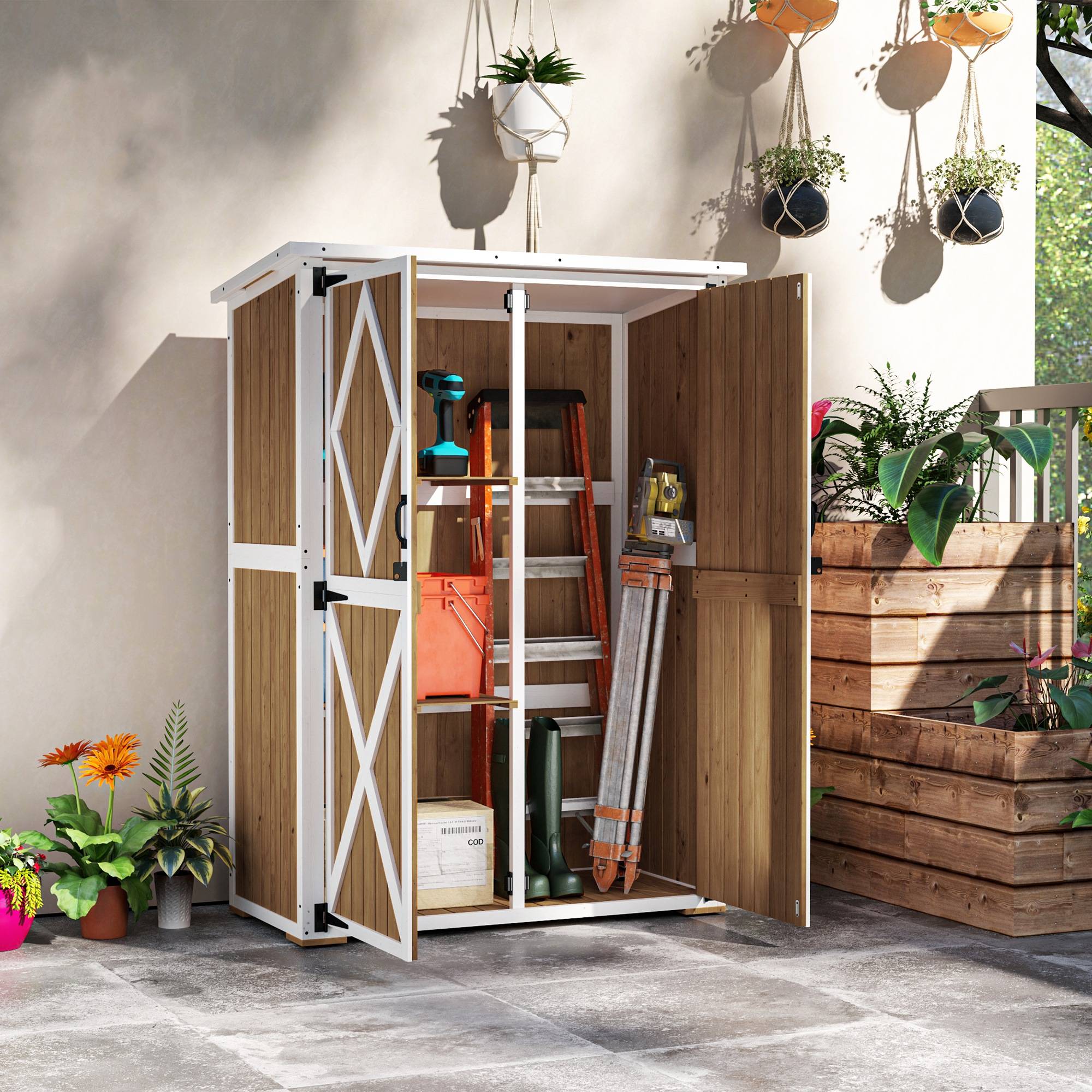Abri de jardin en sapin avec 2 étagères et 2 portes, 116,5 x 57 x 159/167 cm, marron et blanc - Image 3