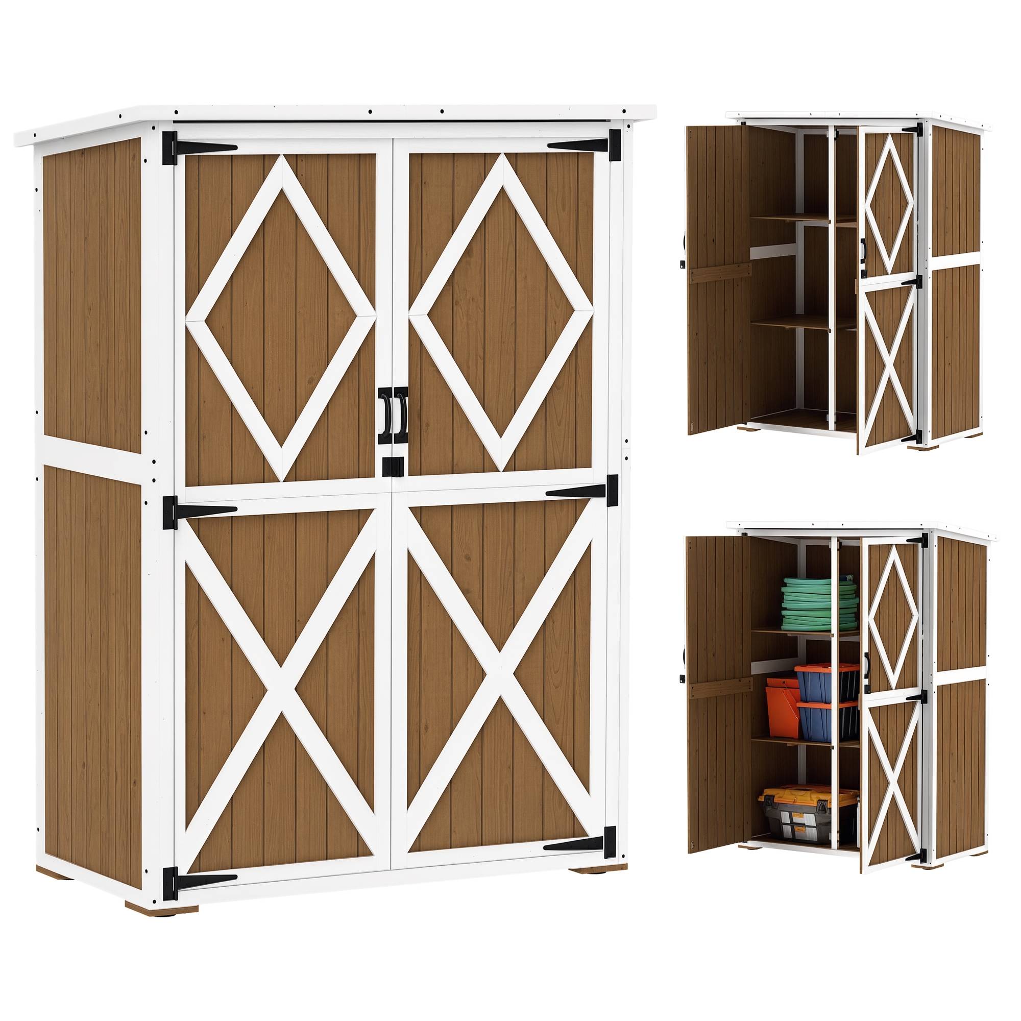 Abri de jardin en sapin avec 2 étagères et 2 portes, 116,5 x 57 x 159/167 cm, marron et blanc - Image 1