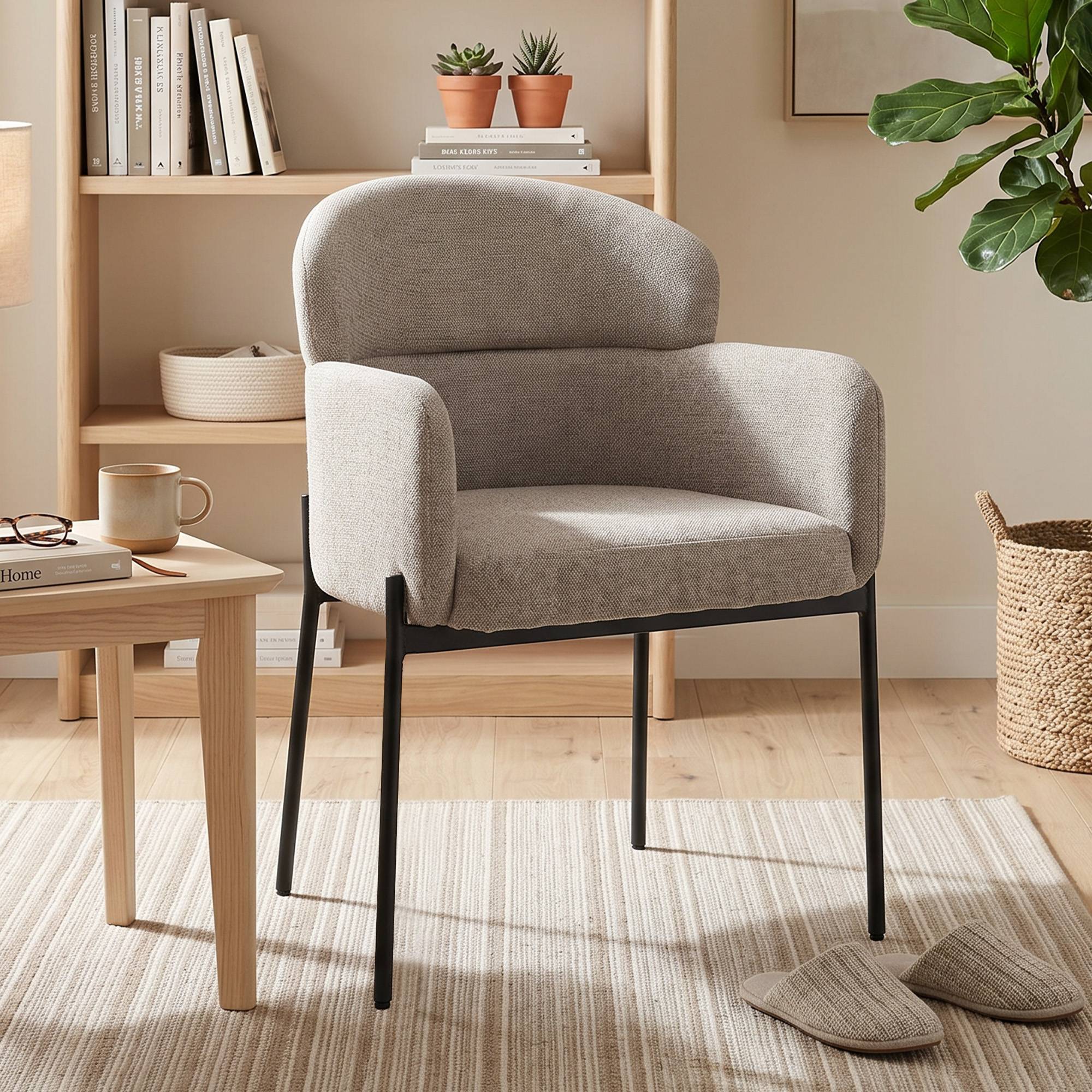 Fauteuil Salon, Fauteuil d'Appoint Rembourré en Chenille avec Dossier Courbé et Accoudoirs, Pieds en Métal, Marron Clair - Image 4