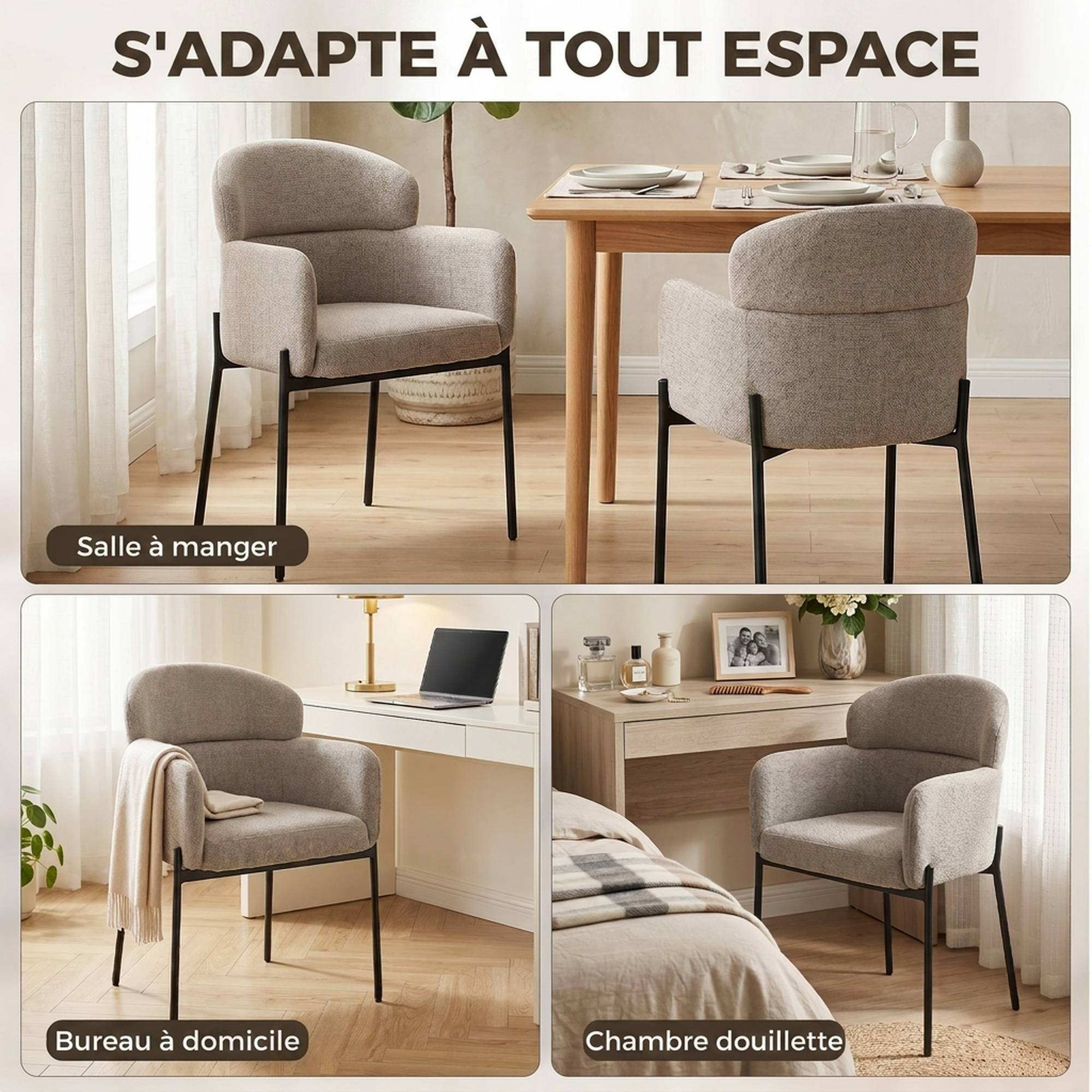 Fauteuil Salon, Fauteuil d'Appoint Rembourré en Chenille avec Dossier Courbé et Accoudoirs, Pieds en Métal, Marron Clair - Image 8