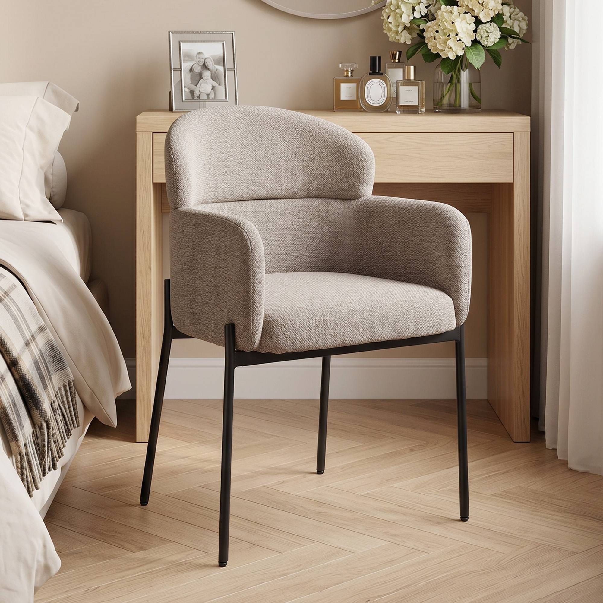Fauteuil Salon, Fauteuil d'Appoint Rembourré en Chenille avec Dossier Courbé et Accoudoirs, Pieds en Métal, Marron Clair - Image 3