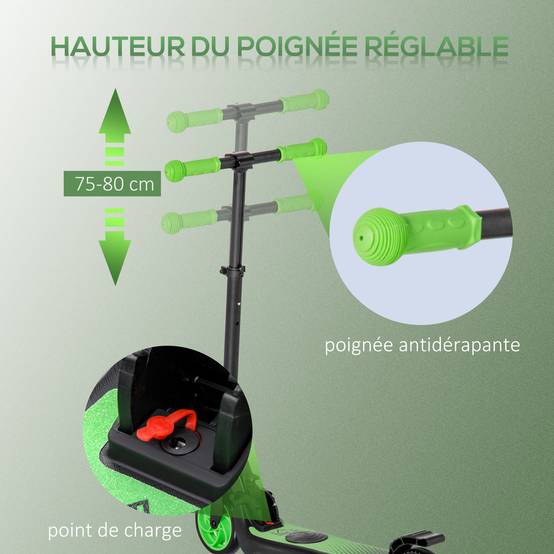 Trottinette électrique enfants 6 ans + pliable scooter électrique vitesse 8 km/h 71x36,5x75-80cm, aluminium, acier, vert - Image 9