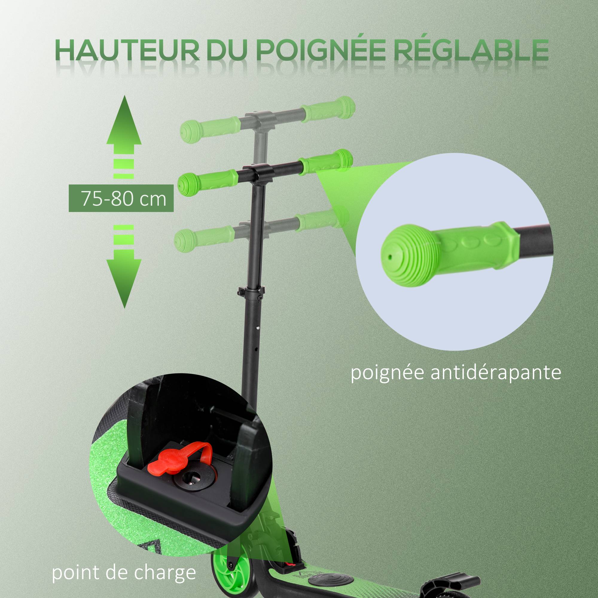 Trottinette électrique enfants 6 ans + pliable scooter électrique vitesse 8 km/h 71x36,5x75-80cm, aluminium, acier, vert - Image 9