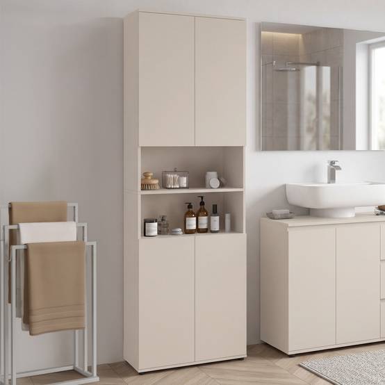 IDMARKET - Meuble armoire colonne salle de bain TOMI 4 portes 2 niches bois beige - Image 1