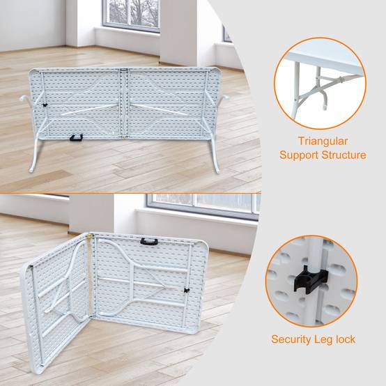 Table pliante robuste 180cm, portable avec poignée, multifonctionnelle fêtes camping intérieur extérieur, charge 135kg (blanc) - Image 3