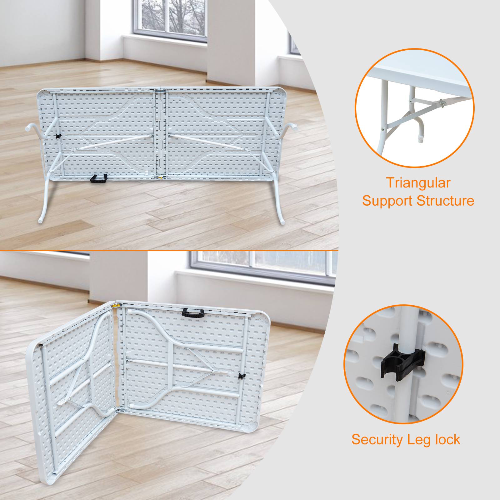Table pliante robuste 180cm, portable avec poignée, multifonctionnelle fêtes camping intérieur extérieur, charge 135kg (blanc) - Image 3