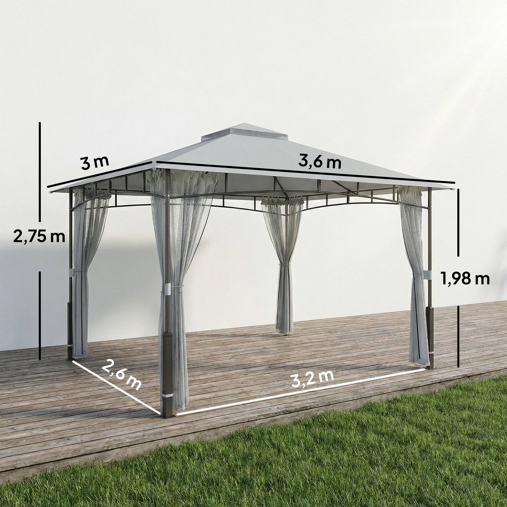 Tente de jardin avec double toit, cenador avec parois en maille UPF50+ pour exterieur terrasse 360x300x275 cm, gris - Image 5