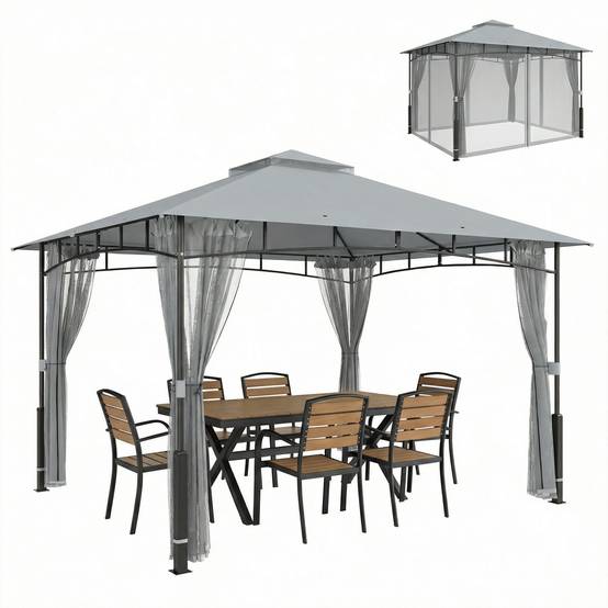 Tente de jardin avec double toit, cenador avec parois en maille UPF50+ pour exterieur terrasse 360x300x275 cm, gris - Image 2