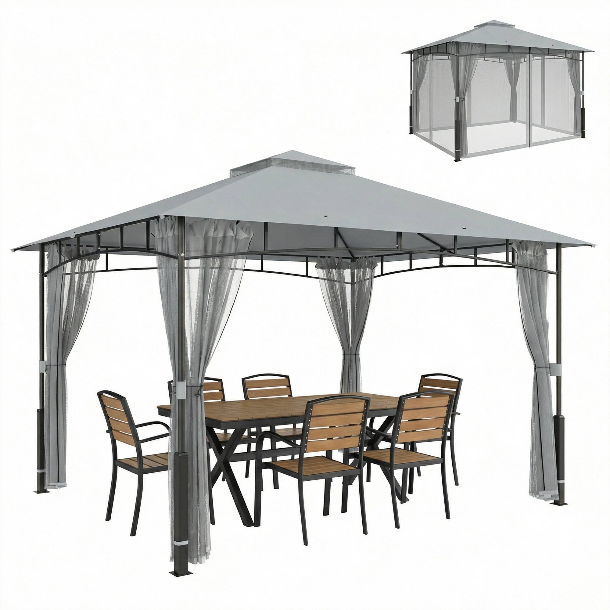 Tente de jardin avec double toit, cenador avec parois en maille UPF50+ pour exterieur terrasse 360x300x275 cm, gris - Image 2