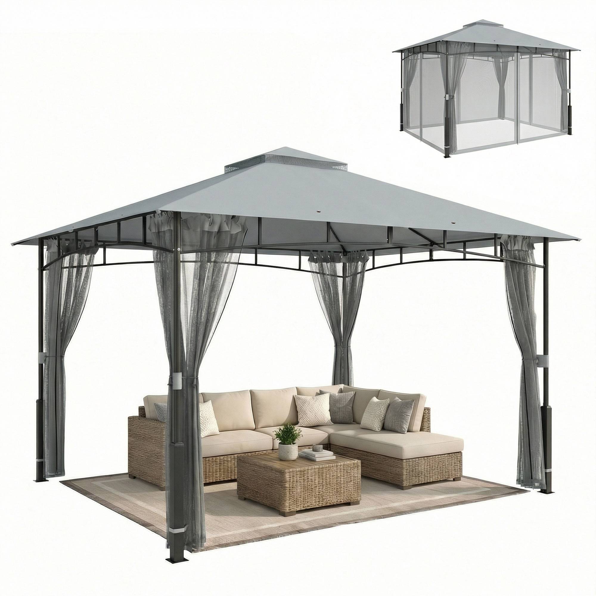 Tente de jardin avec double toit, cenador avec parois en maille UPF50+ pour exterieur terrasse 360x300x275 cm, gris - Image 1