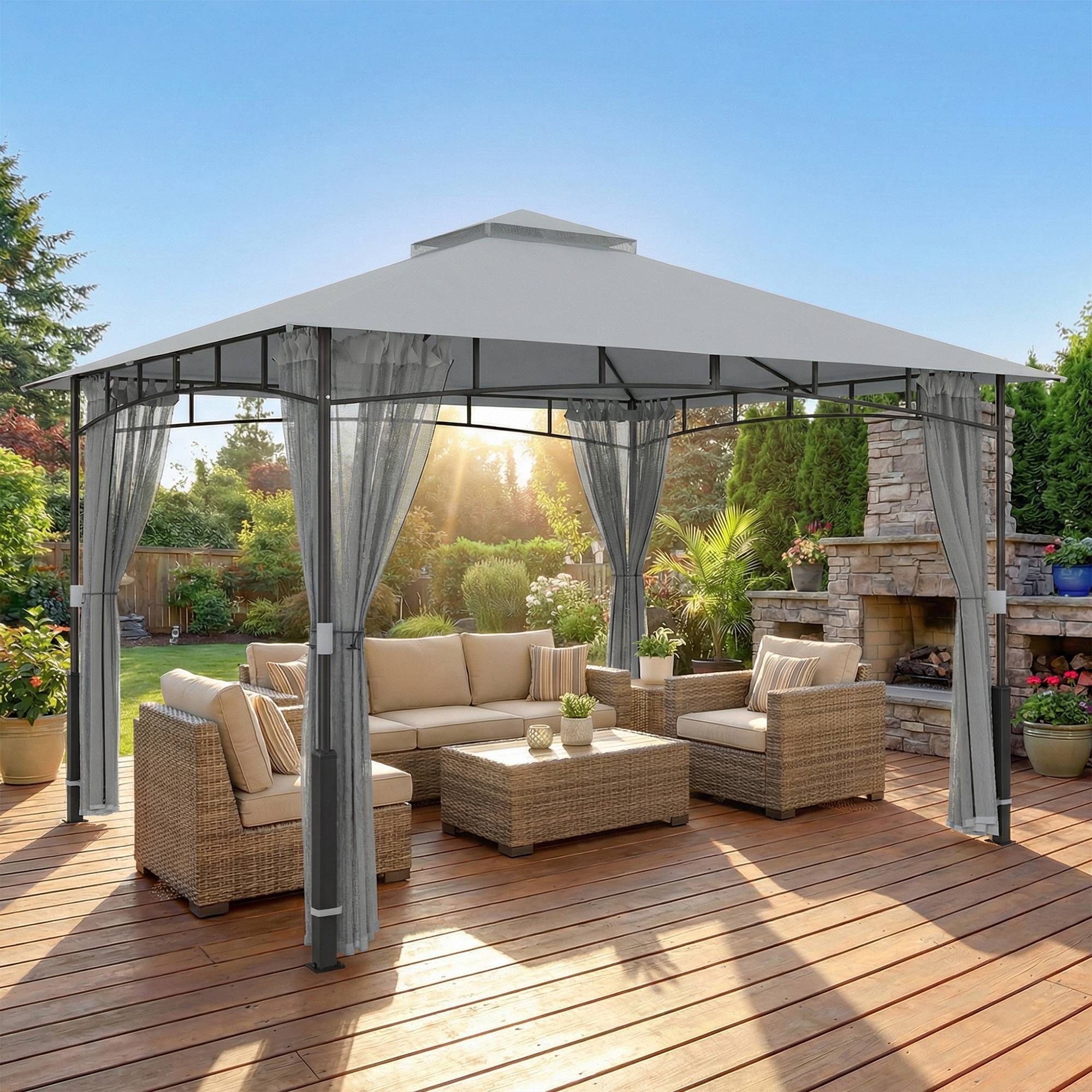 Tente de jardin avec double toit, cenador avec parois en maille UPF50+ pour exterieur terrasse 360x300x275 cm, gris - Image 4
