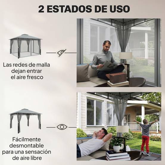 Tente de jardin avec double toit, cenador avec parois en maille UPF50+ pour exterieur terrasse 360x300x275 cm, gris - Image 7