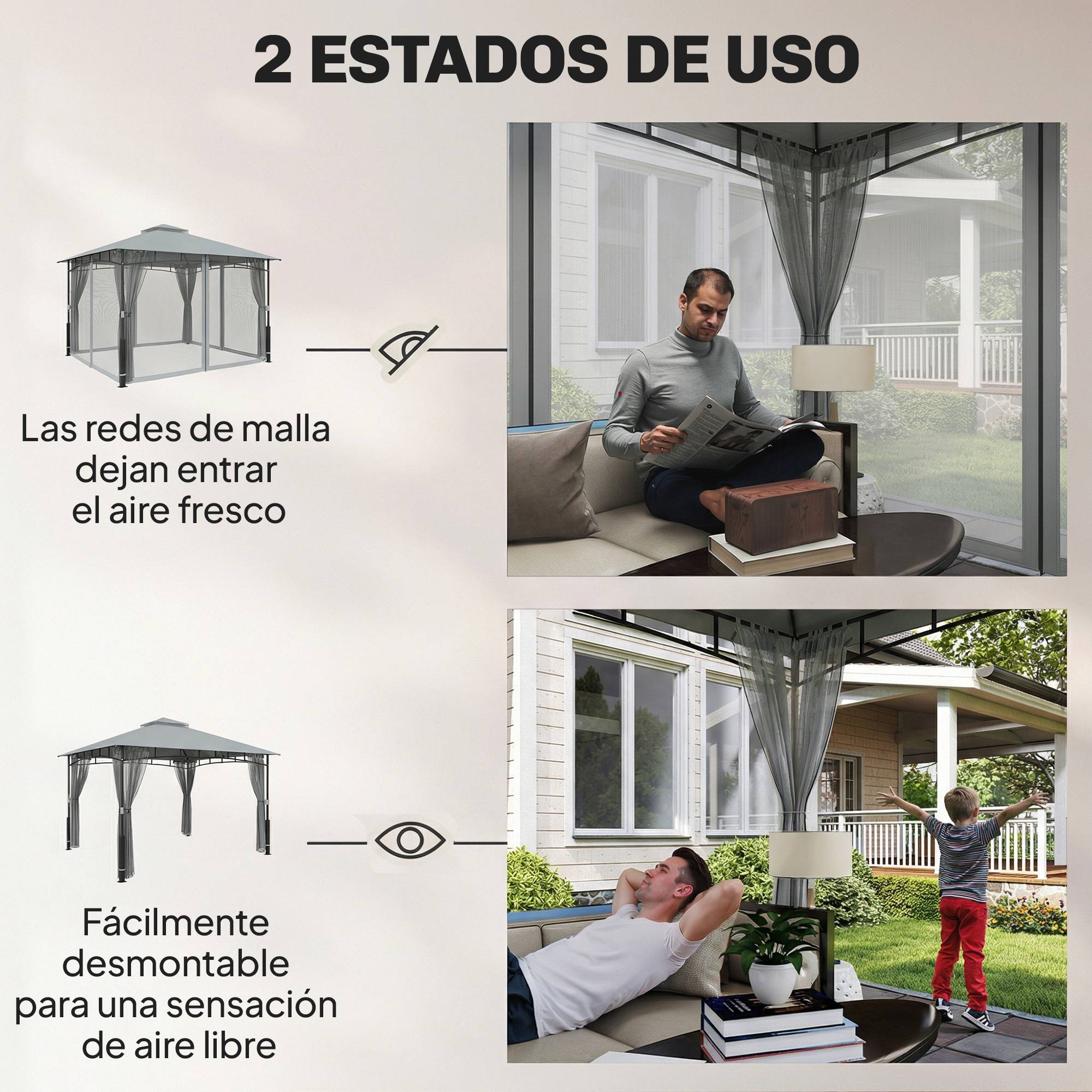 Tente de jardin avec double toit, cenador avec parois en maille UPF50+ pour exterieur terrasse 360x300x275 cm, gris - Image 7