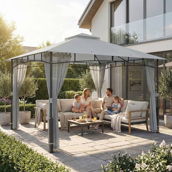 Tente de jardin avec double toit, cenador avec parois en maille UPF50+ pour exterieur terrasse 360x300x275 cm, gris - Image 10