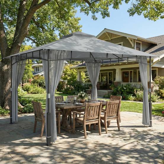 Tente de jardin avec double toit, cenador avec parois en maille UPF50+ pour exterieur terrasse 360x300x275 cm, gris - Image 3