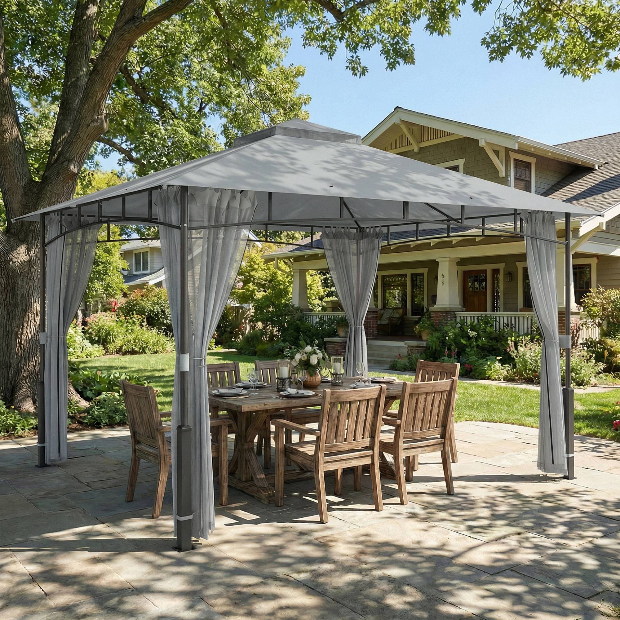Tente de jardin avec double toit, cenador avec parois en maille UPF50+ pour exterieur terrasse 360x300x275 cm, gris - Image 3