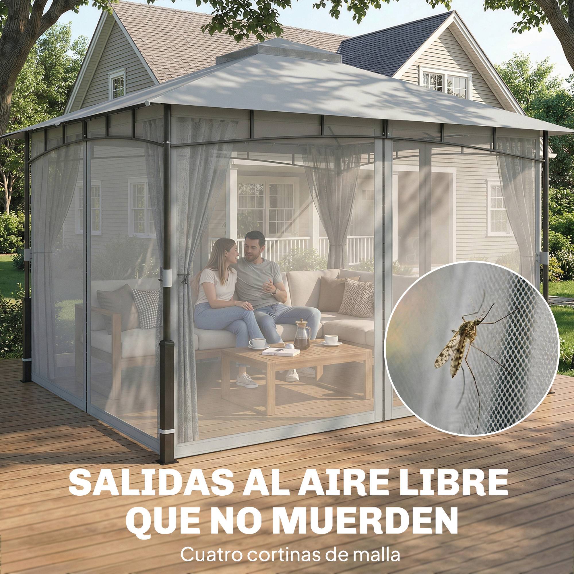 Tente de jardin avec double toit, cenador avec parois en maille UPF50+ pour exterieur terrasse 360x300x275 cm, gris - Image 8
