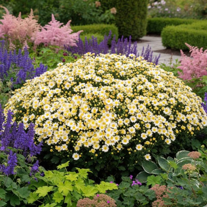 Chrysanthème du pacifique Bengo Weiss à fleurs Blanche/Jaune - feuillage Caduc - Godet - 5/20 cm - Image 1