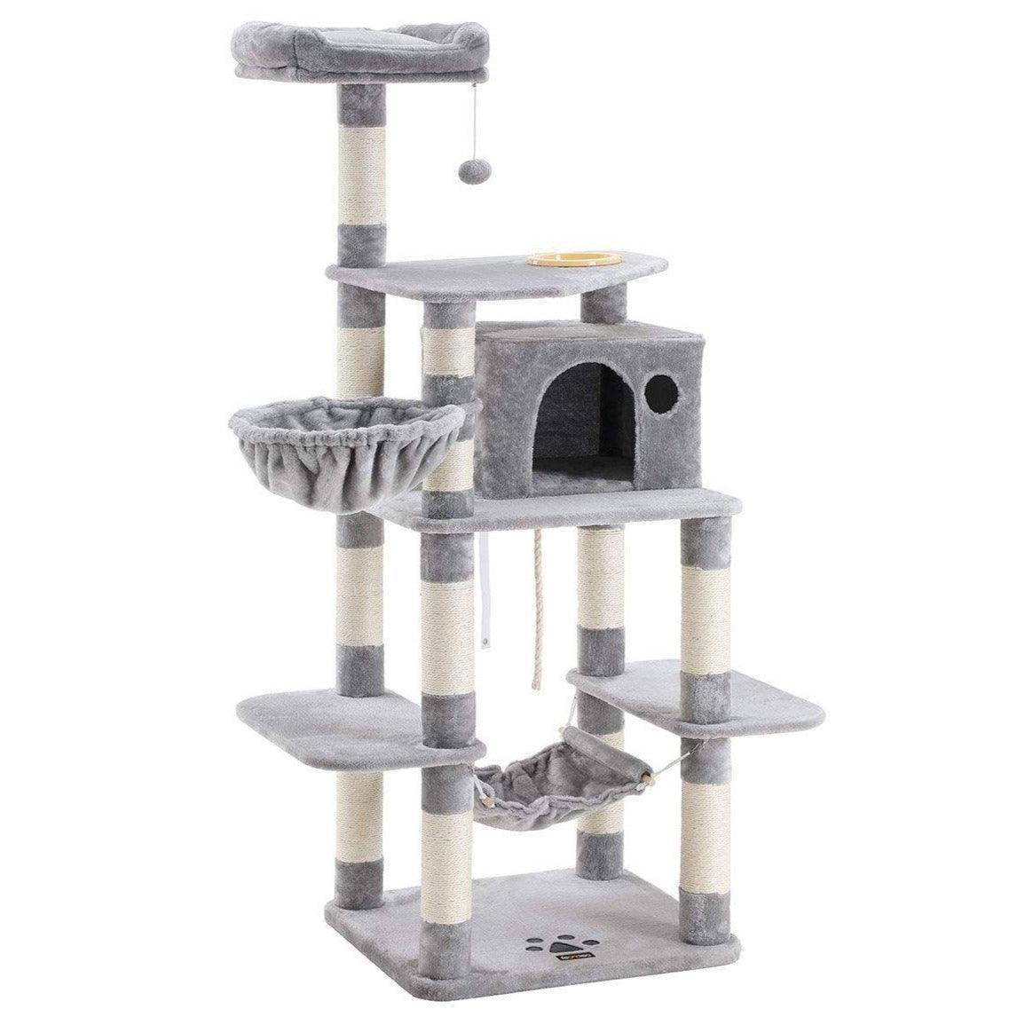 Arbre à chat hauteur de 174 cm multi-niveaux avec bol panier niche maison de jeu meubles pour chatons chats et félins couleur grise claire - Image 1