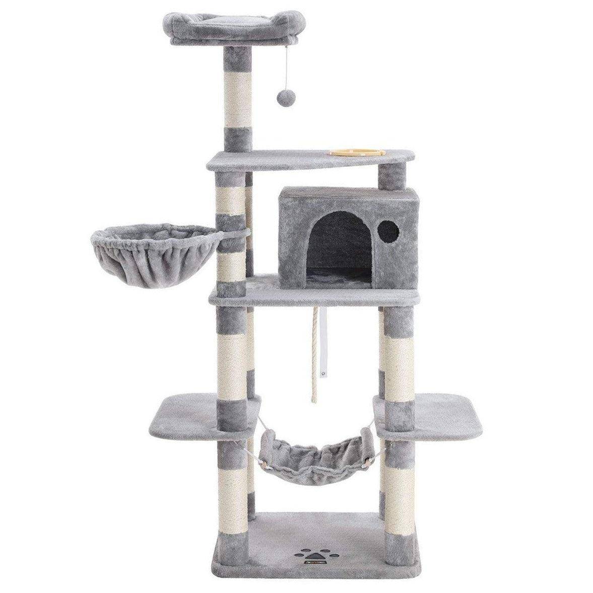 Arbre à chat hauteur de 174 cm multi-niveaux avec bol panier niche maison de jeu meubles pour chatons chats et félins couleur grise claire - Image 2