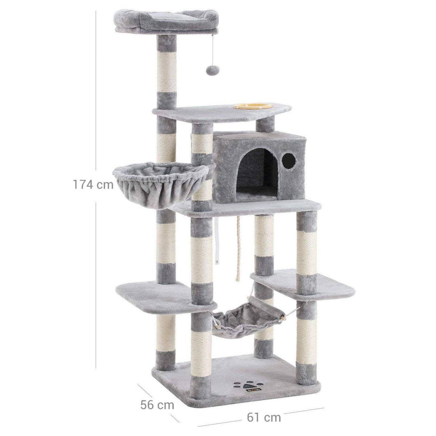Arbre à chat hauteur de 174 cm multi-niveaux avec bol panier niche maison de jeu meubles pour chatons chats et félins couleur grise claire - Image 3