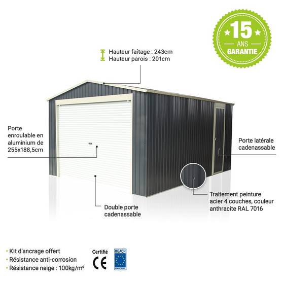 X-Metal - Garage métal 17,31m² porte enroulable aluminium anthracite X-Metal avec kit d'ancrage - Image 5