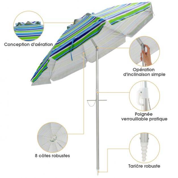 Helloshop26 - Parasol de plage φ182 cm inclinable protection uv 50+ à 8 baleines en fibre de verre pour plage piscine jardin bande bleu et vert - Image 7
