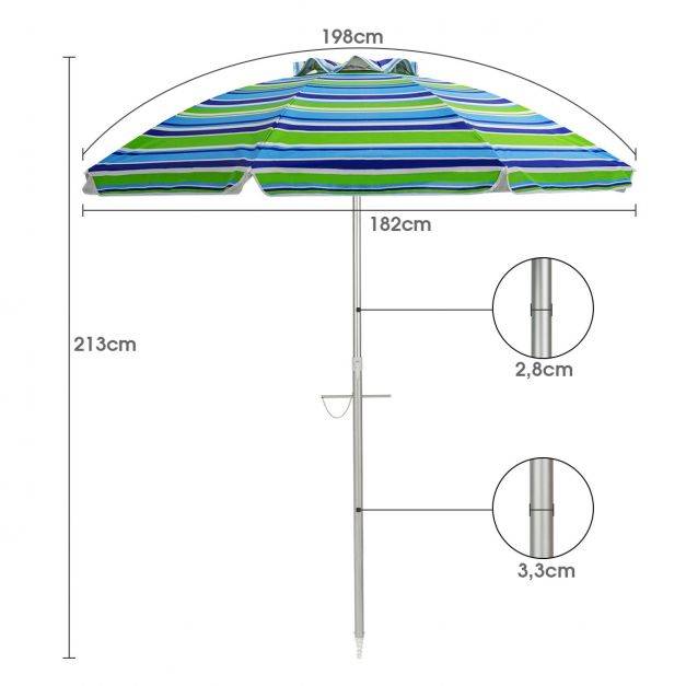 Helloshop26 - Parasol de plage φ182 cm inclinable protection uv 50+ à 8 baleines en fibre de verre pour plage piscine jardin bande bleu et vert - Image 8