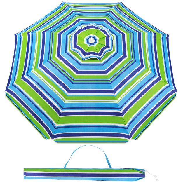 Helloshop26 - Parasol de plage φ182 cm inclinable protection uv 50+ à 8 baleines en fibre de verre pour plage piscine jardin bande bleu et vert - Image 4