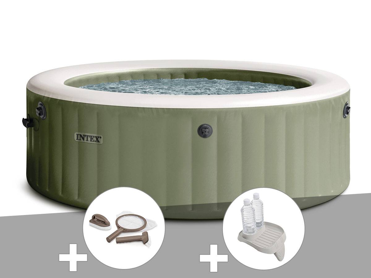 Kit spa gonflable Intex PureSpa Olive rond Bulles 4 places + Kit d'entretien + Porte-verre