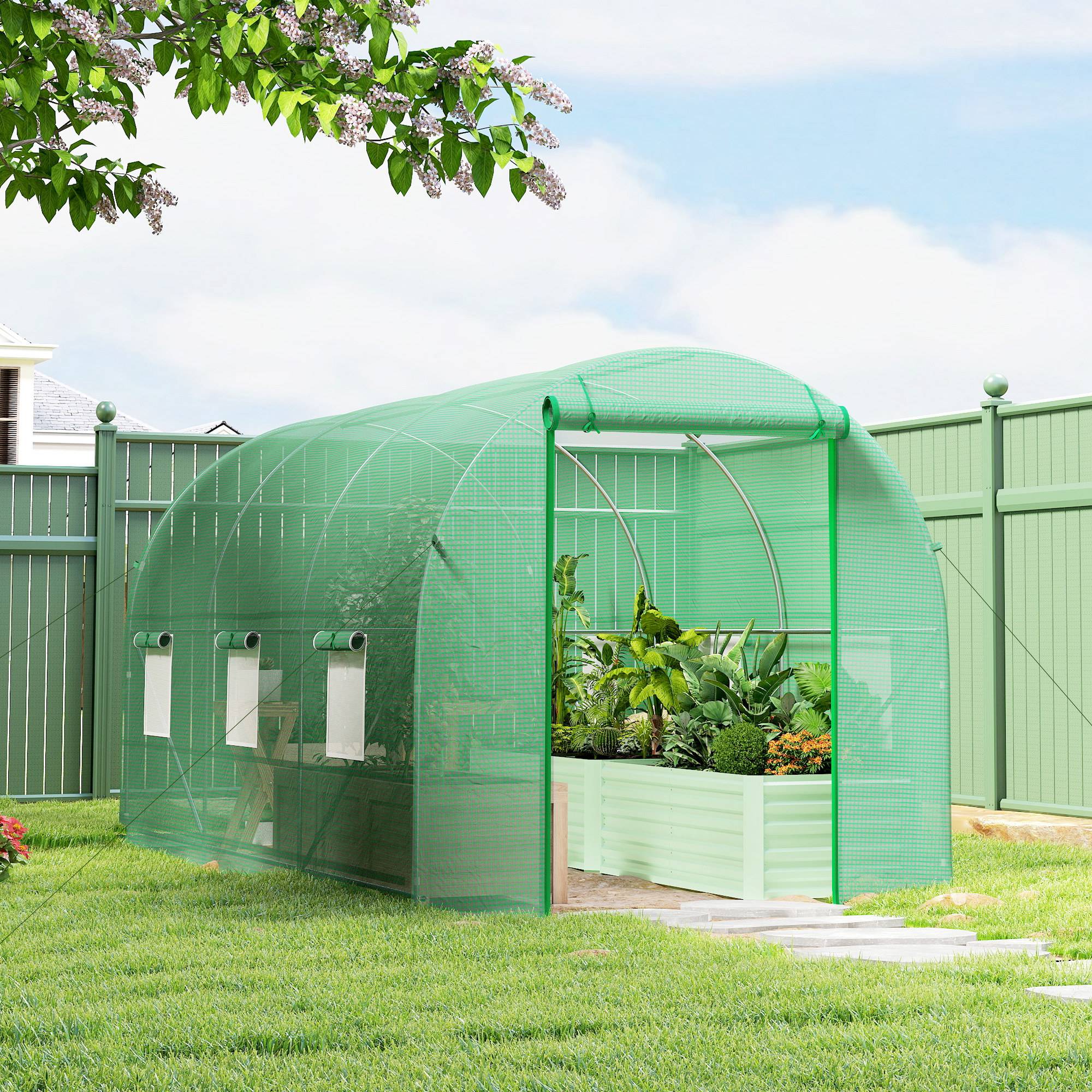 ComfortXL - Serre tunnel de jardin PE 140 g/m² 400 x 200 x 200 cm verte 8 m² porte et 6 fenêtres - ComfortXL Outdoor Living - Image 3
