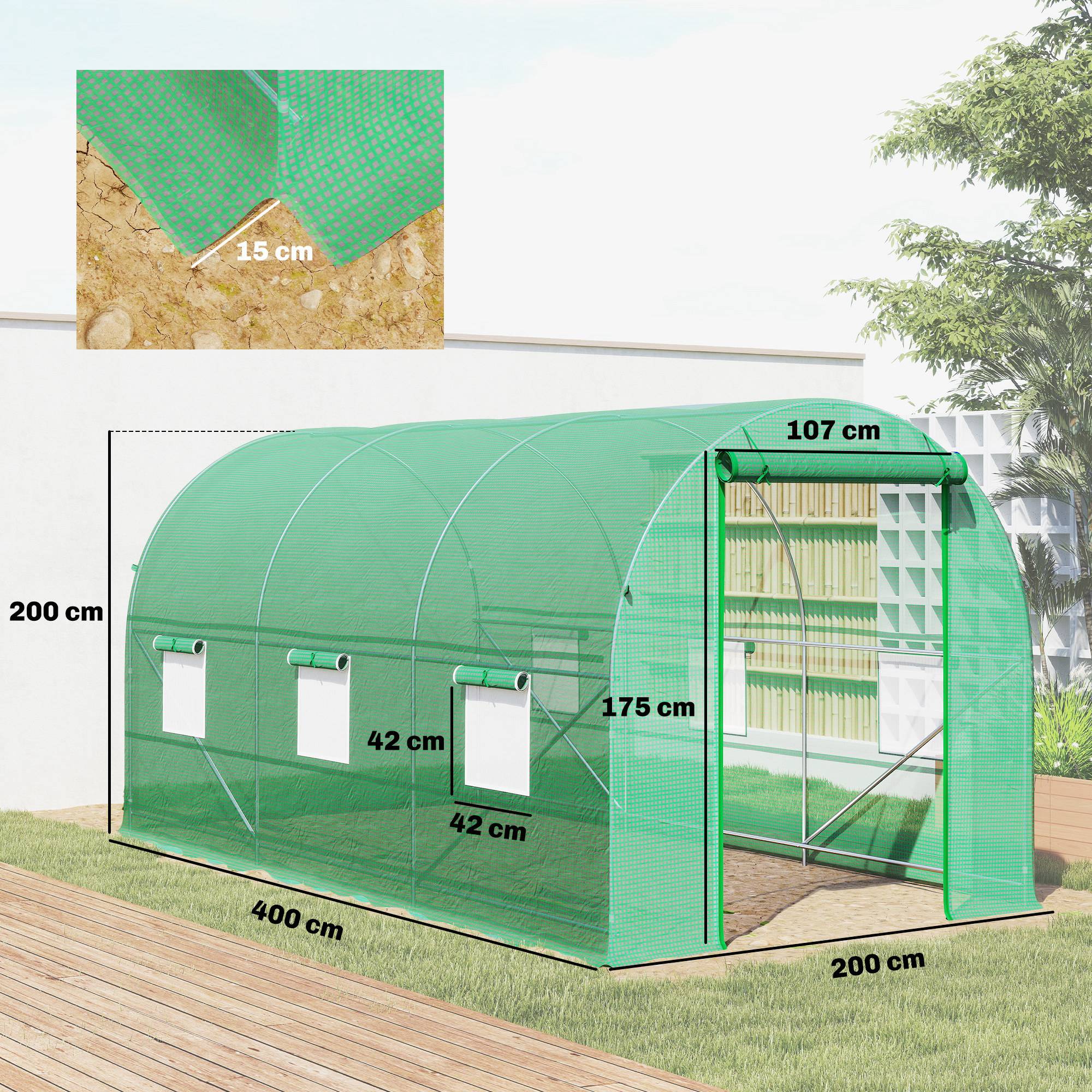 ComfortXL - Serre tunnel de jardin PE 140 g/m² 400 x 200 x 200 cm verte 8 m² porte et 6 fenêtres - ComfortXL Outdoor Living - Image 5
