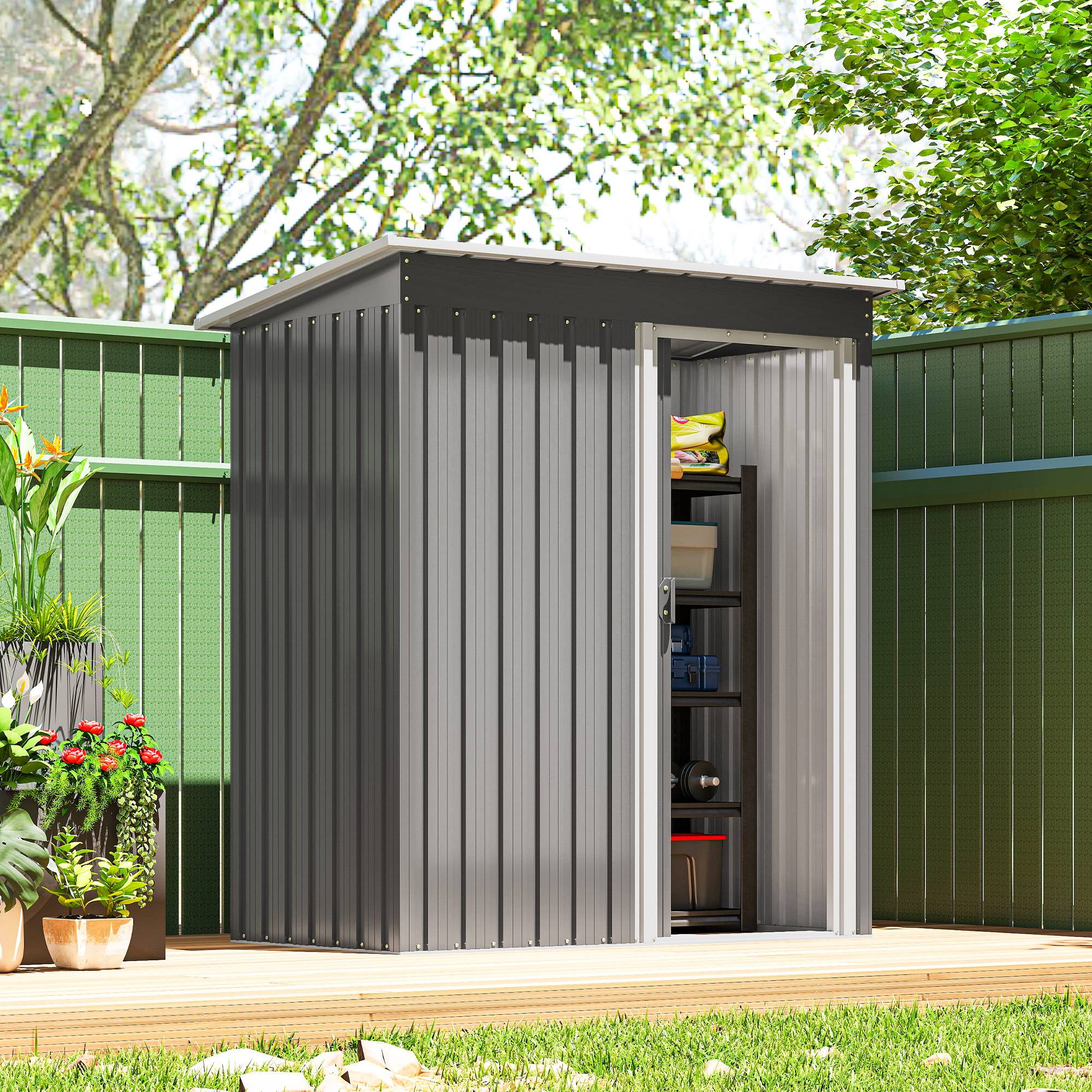 Abri de jardin acier avec toit en pente porte coulissante 163x89x182 cm cabanon compact rangement gris clair - Image 4