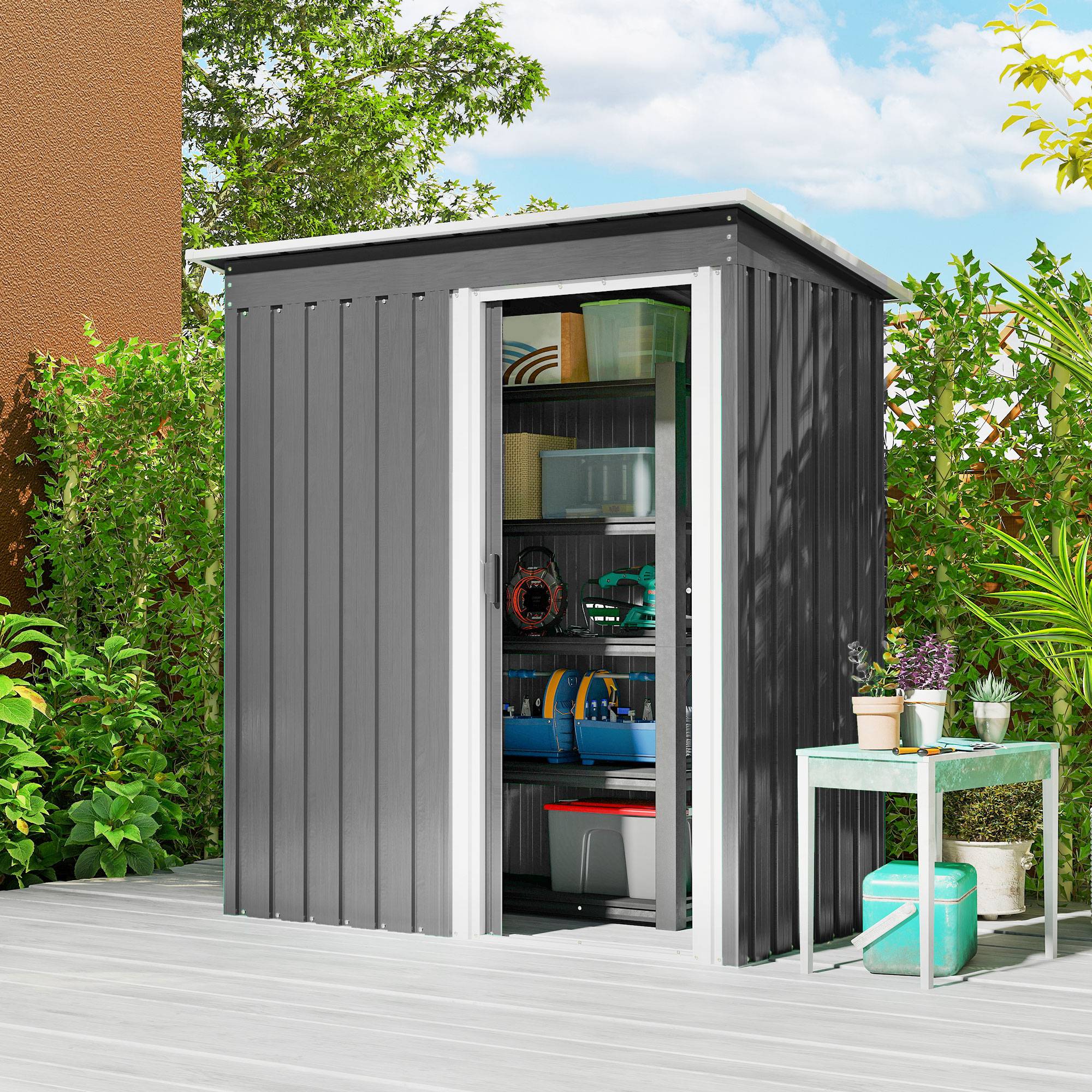 Abri de jardin acier avec toit en pente porte coulissante 163x89x182 cm cabanon compact rangement gris clair - Image 3