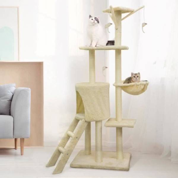 JIPSY Arbre a chat beige 79 x 34 x 138 cm - 3 plateformes, 1 perchoir, 1 niche, 1 escalier, poteaux a griffer - Image 2