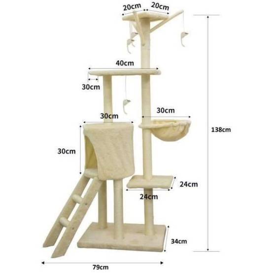 JIPSY Arbre a chat beige 79 x 34 x 138 cm - 3 plateformes, 1 perchoir, 1 niche, 1 escalier, poteaux a griffer - Image 3
