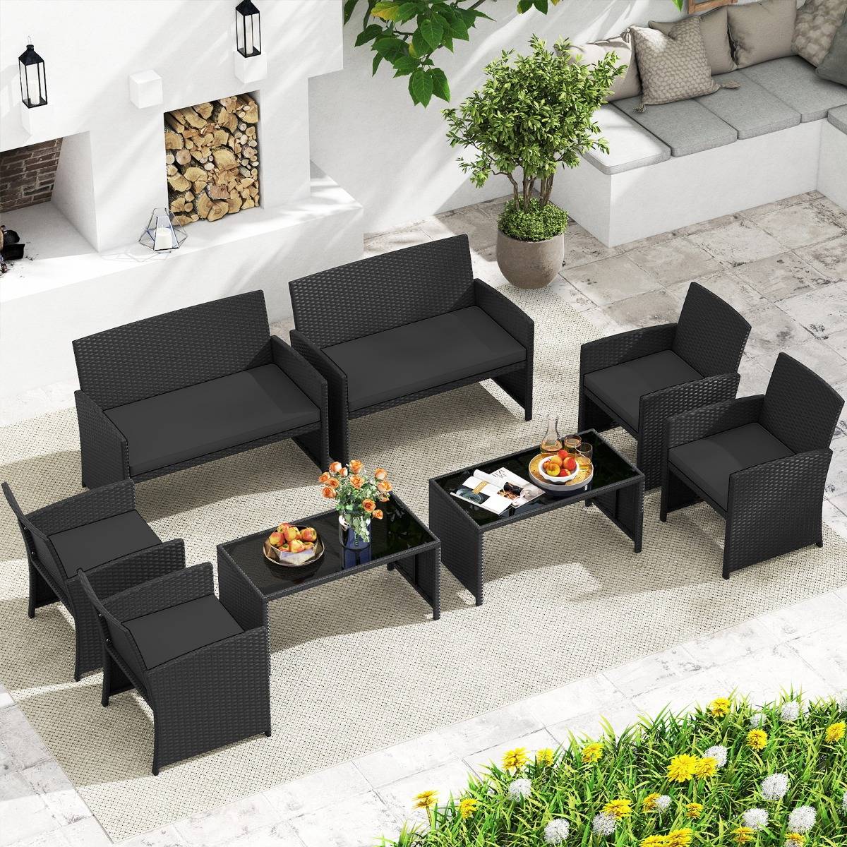 Ensemble de Salon de Jardin en Rotin PE 4 Pièces Canapé 2 Places en Osier avec Fauteuils et Table Basse en Verre Trempé Noir MAISON CHIC - Image 6