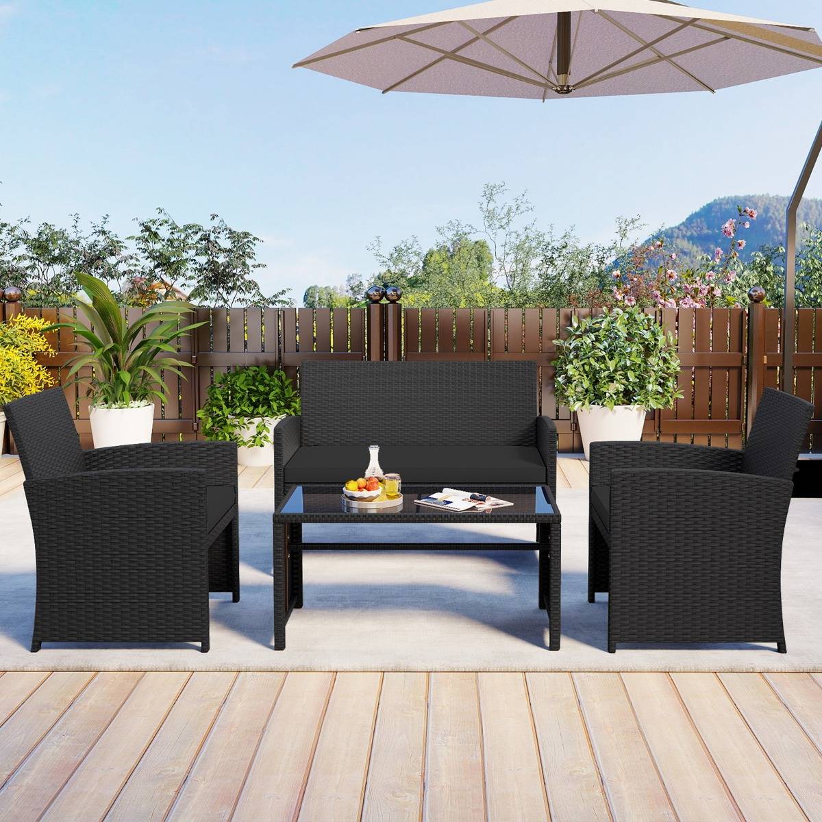 Ensemble de Salon de Jardin en Rotin PE 4 Pièces Canapé 2 Places en Osier avec Fauteuils et Table Basse en Verre Trempé Noir MAISON CHIC - Image 5