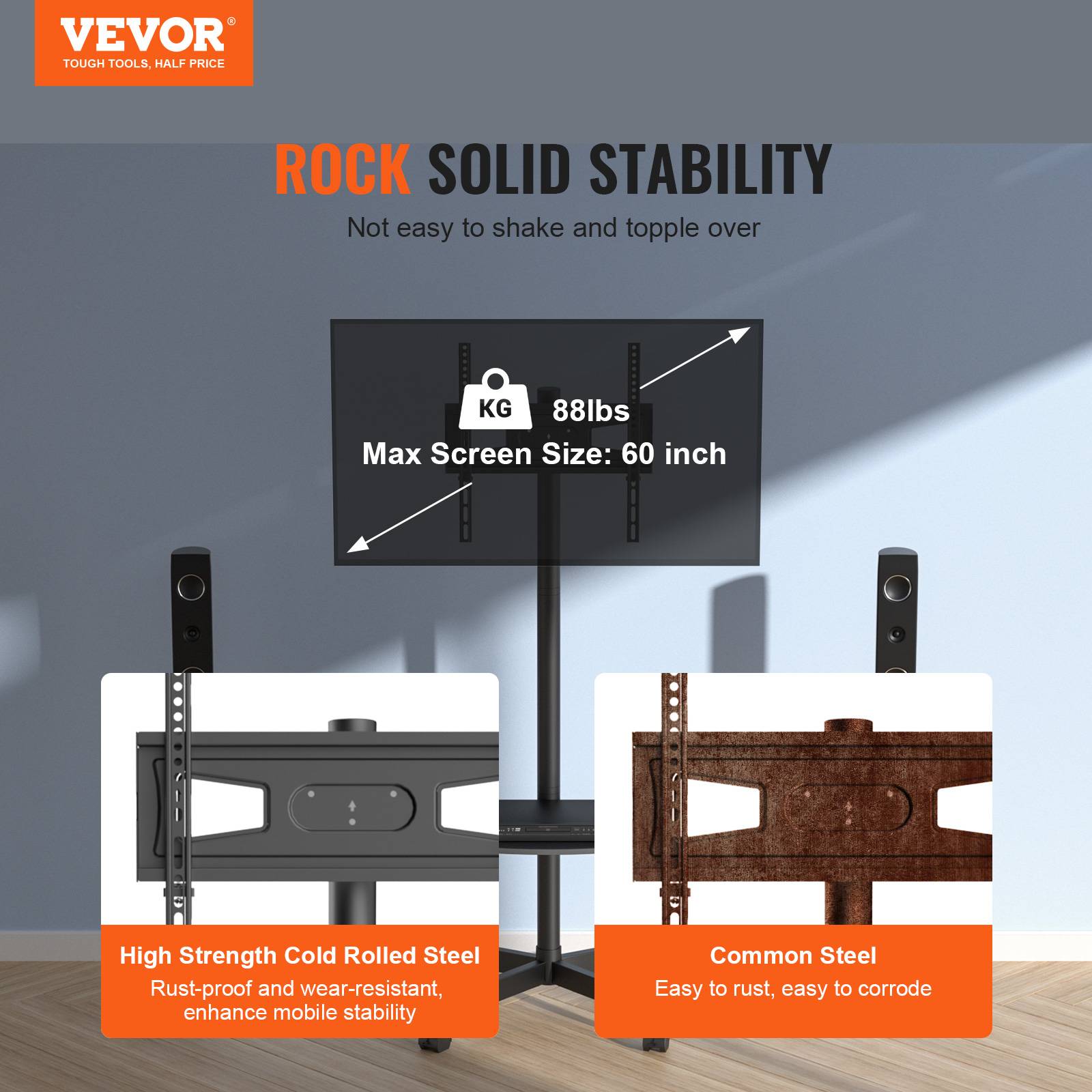VEVOR Support TV sur pied universel 23-60", hauteur réglable 143-154cm, charge 40kg. - Image 2