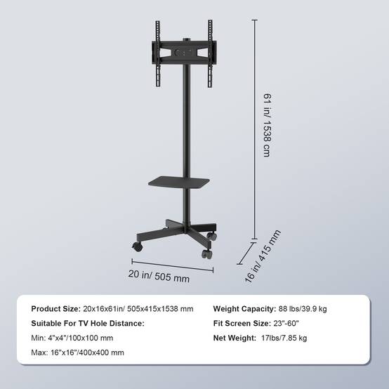VEVOR Support TV sur pied universel 23-60", hauteur réglable 143-154cm, charge 40kg. - Image 7