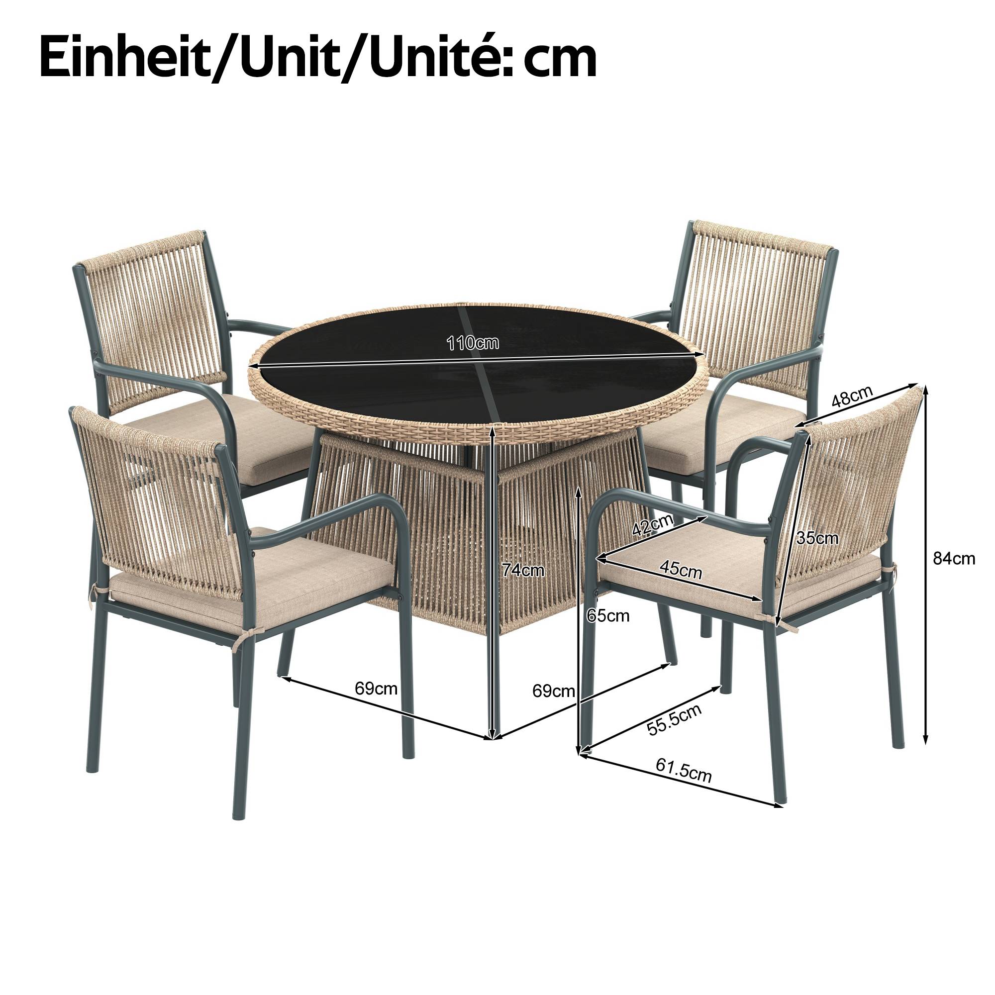 ComfortXL - Salon de jardin 4 places Acier Corde Terrasse Table Ronde Verre Trempé Gris - ComfortXL Outdoor Living - Image 3