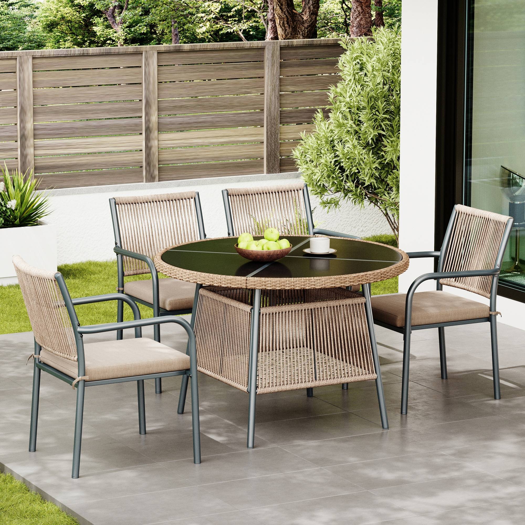 ComfortXL - Salon de jardin 4 places Acier Corde Terrasse Table Ronde Verre Trempé Gris - ComfortXL Outdoor Living - Image 4