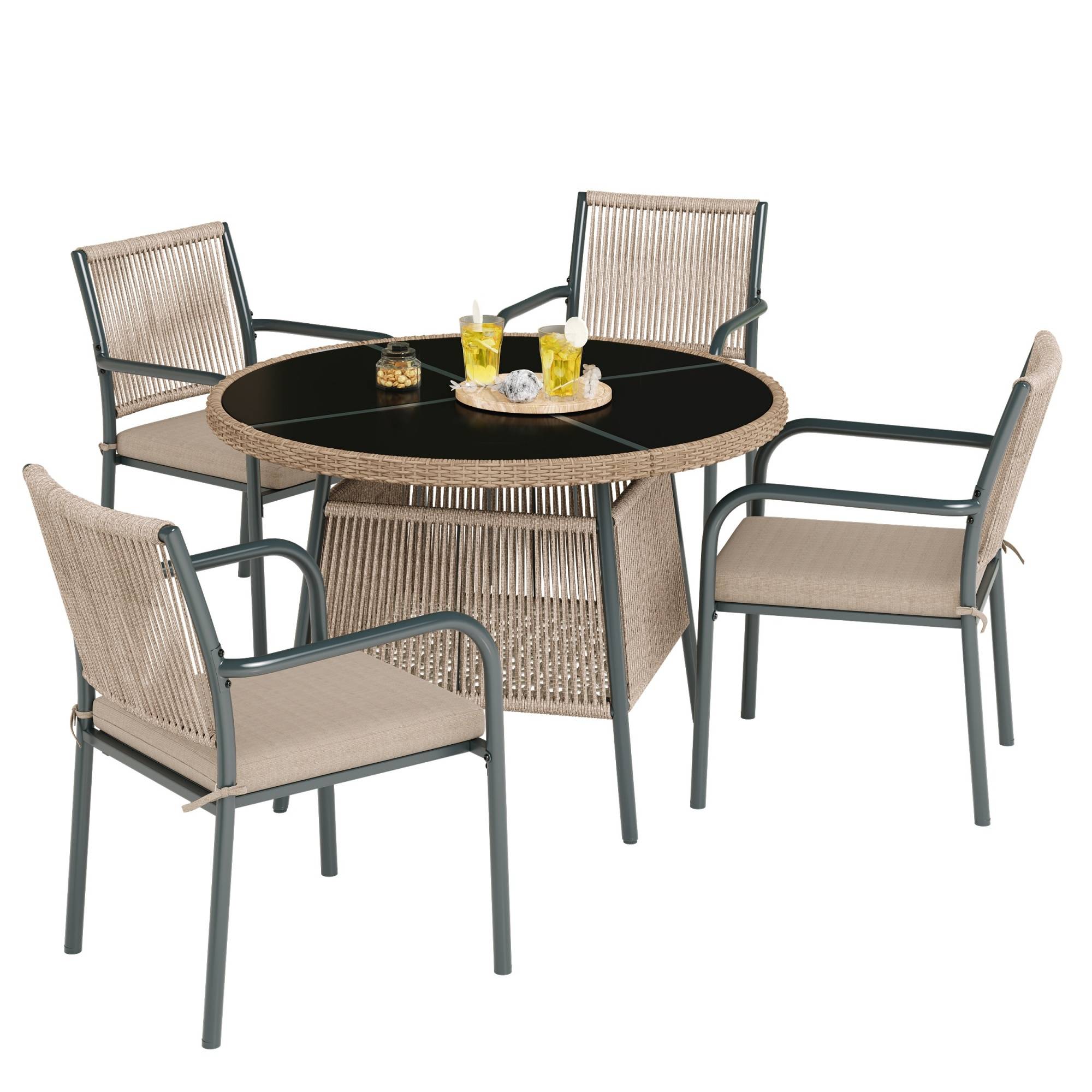 ComfortXL - Salon de jardin 4 places Acier Corde Terrasse Table Ronde Verre Trempé Gris - ComfortXL Outdoor Living - Image 2