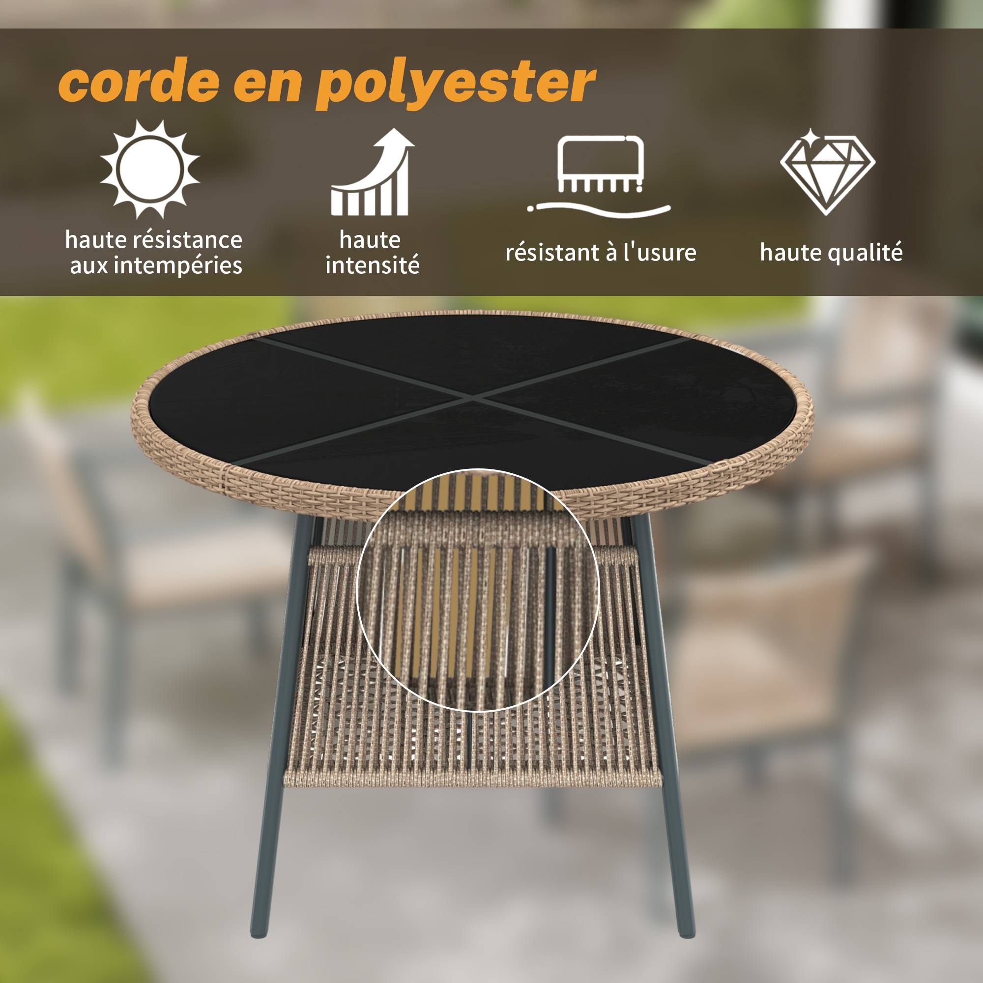 ComfortXL - Salon de jardin 4 places Acier Corde Terrasse Table Ronde Verre Trempé Gris - ComfortXL Outdoor Living - Image 6